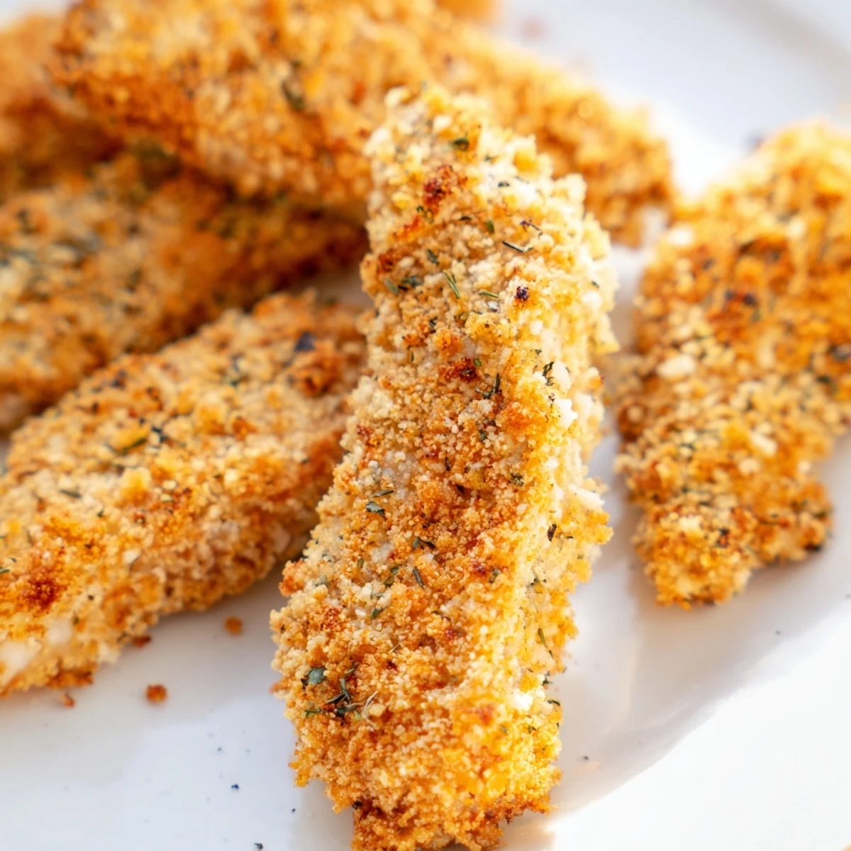 Oven-baked Crispy Panko Chicken Strips on a parchment-lined tray, featuring golden herbed breadcrumbs and a ready-to-eat centerpiece strip.