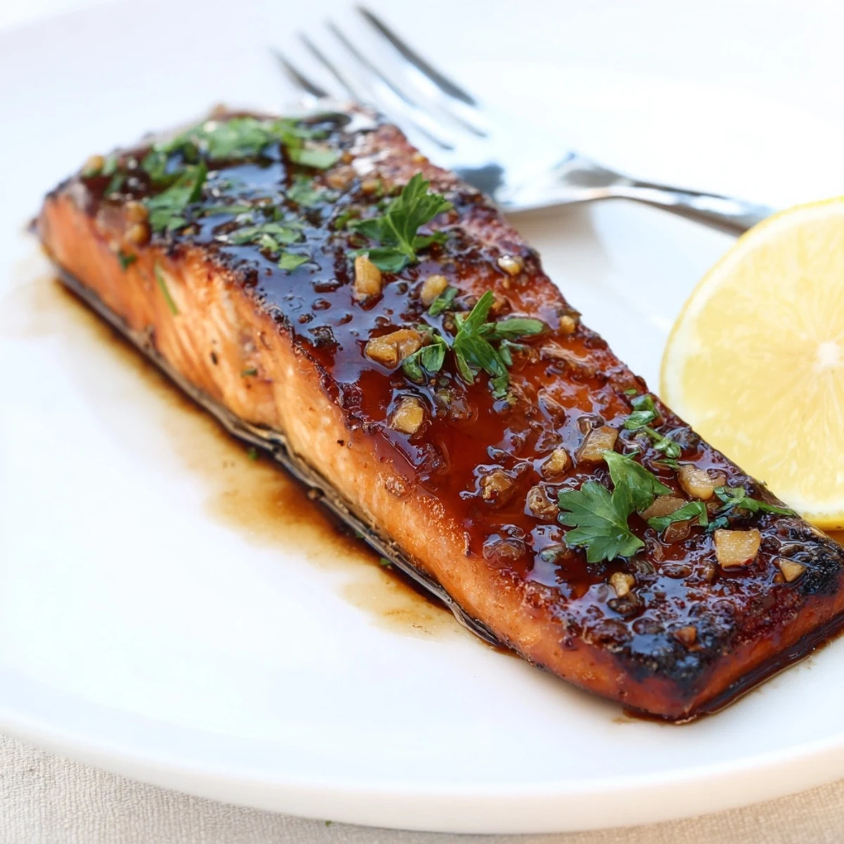 The roasted Honey Garlic Glazed Salmon features a sticky, caramelized glaze, with garlic and butter pooling around the tender fillets.  