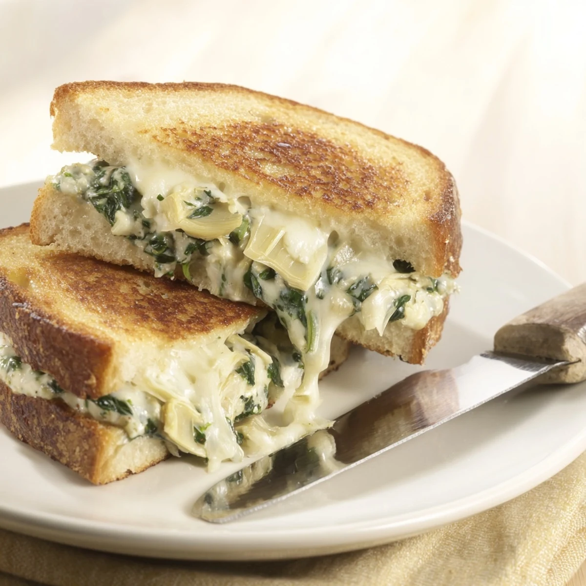 Golden-brown sourdough sandwiches oozing creamy spinach artichoke filling, served on a rustic plate.
