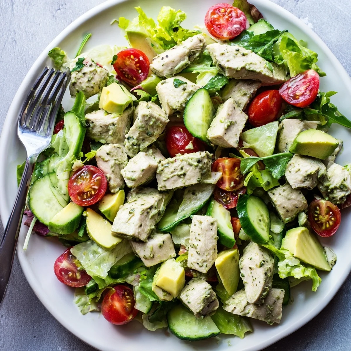 Juicy baked chicken breast coated in tangy Green Goddess dressing, served fresh with avocado and salad greens.