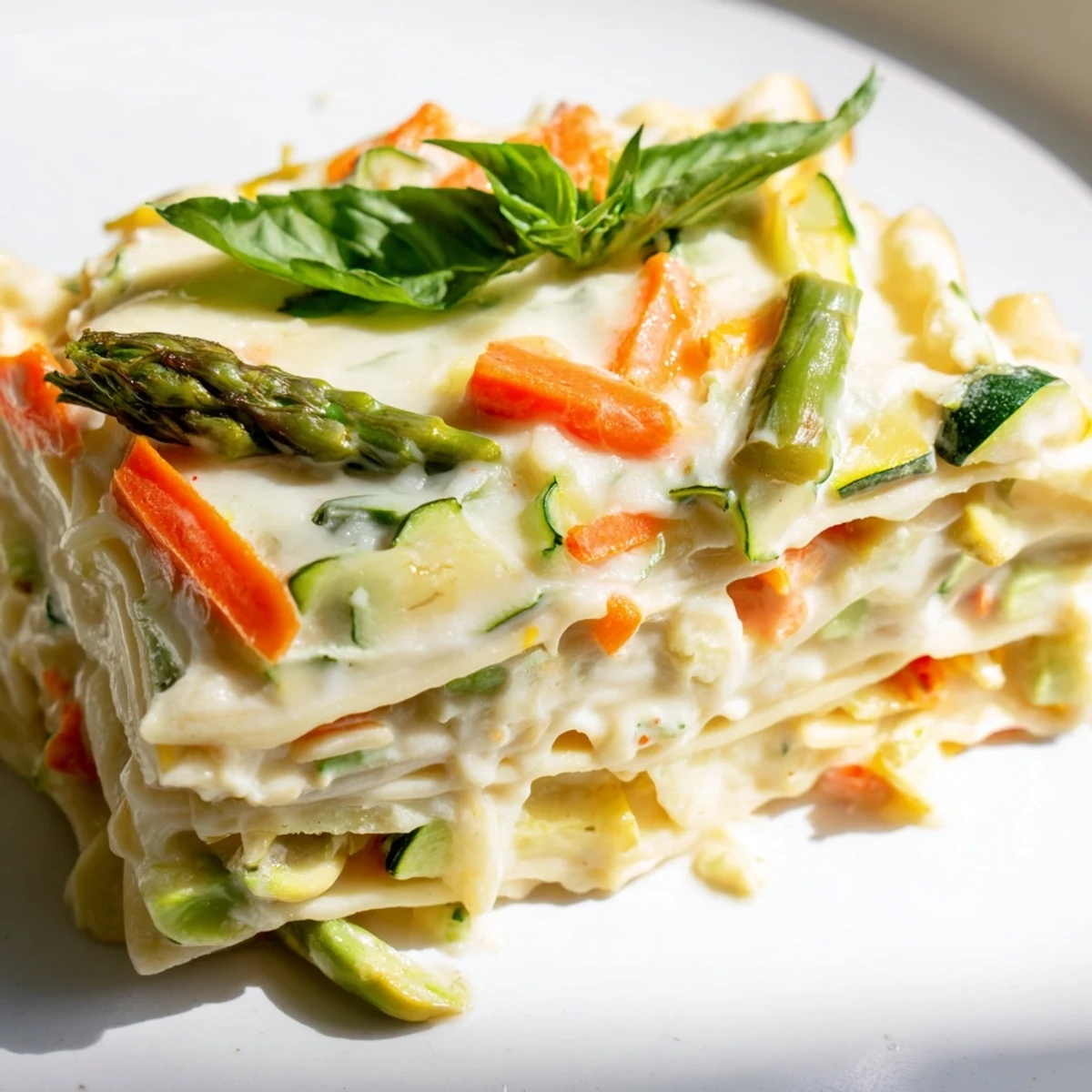 Golden-brown Spring Veggie Alfredo Lasagna layers with creamy sauce, melted mozzarella, and vibrant asparagus, snap peas, and carrots served on a rustic table.