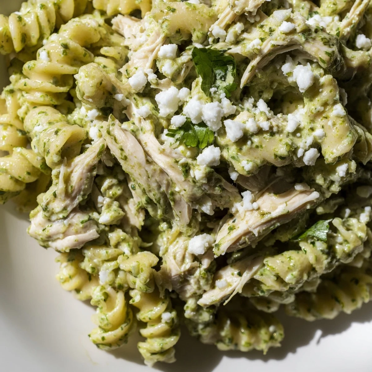 A vibrant serving of Cilantro Lime Chicken Pasta on a rustic plate, featuring bright green sauce, crumbled cotija cheese, and lime zest.  