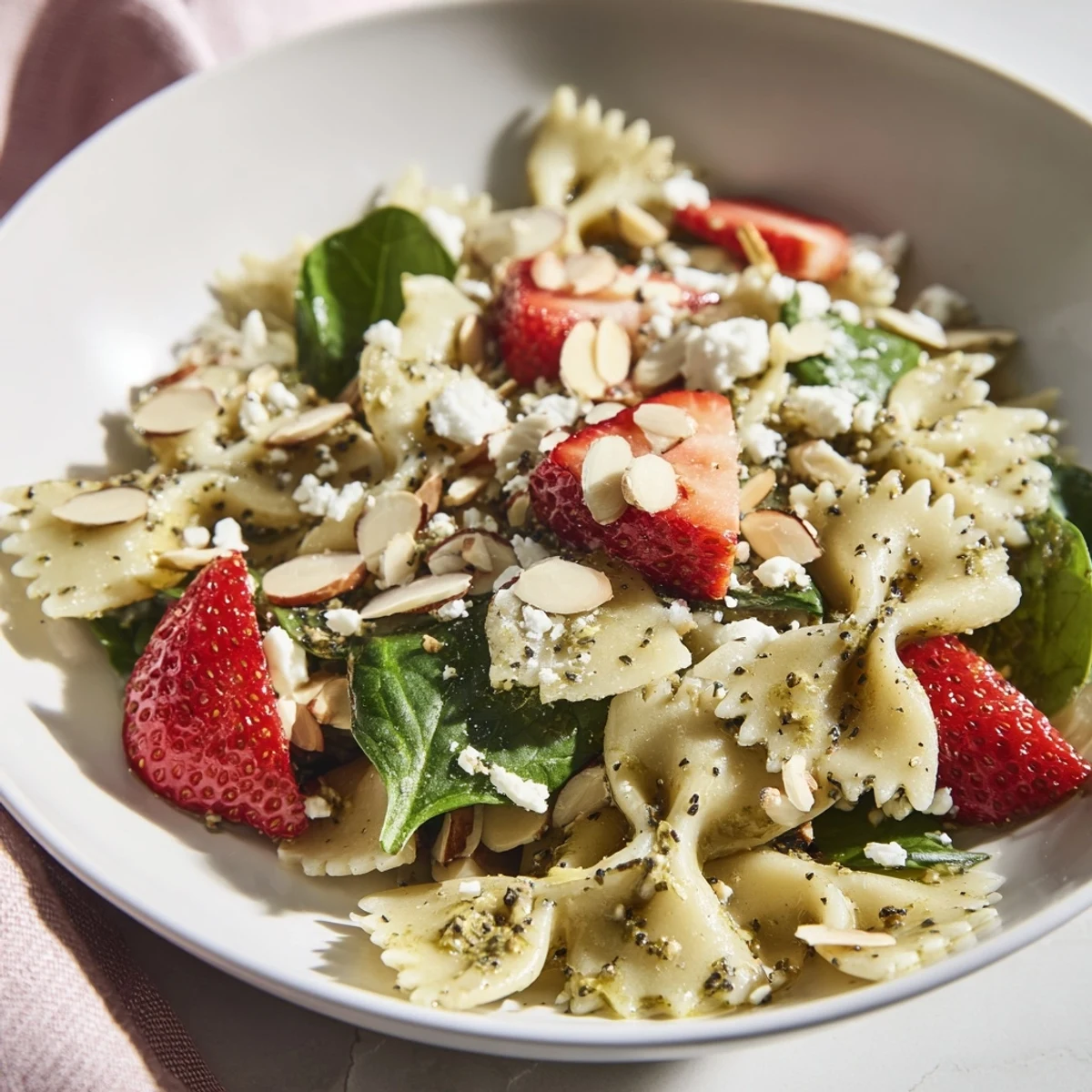 Spring Spinach Strawberry Pasta Salad features colorful ingredients served in a white bowl, garnished with crumbled feta and toasted almonds on a rustic wooden table.
