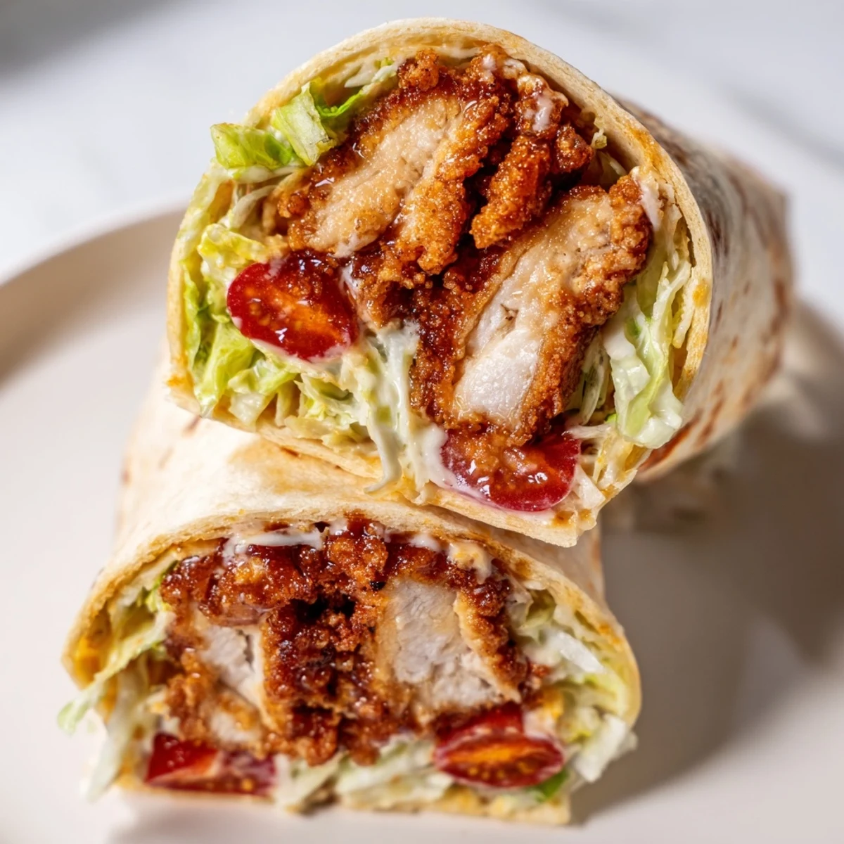 Golden-brown Hot Honey Chicken Caesar Wrap sliced in half, showing crispy fried chicken strips tossed in glossy spicy honey and creamy Caesar salad nestled in a soft flour tortilla.