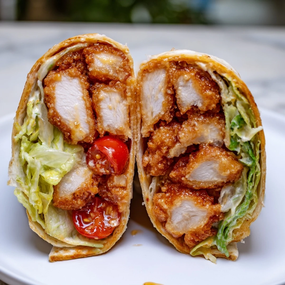 Hand holding a toasted Hot Honey Chicken Caesar Wrap, ready to eat, showcasing the crunchy panko-crusted chicken and vibrant salad filling for a perfect handheld lunch.