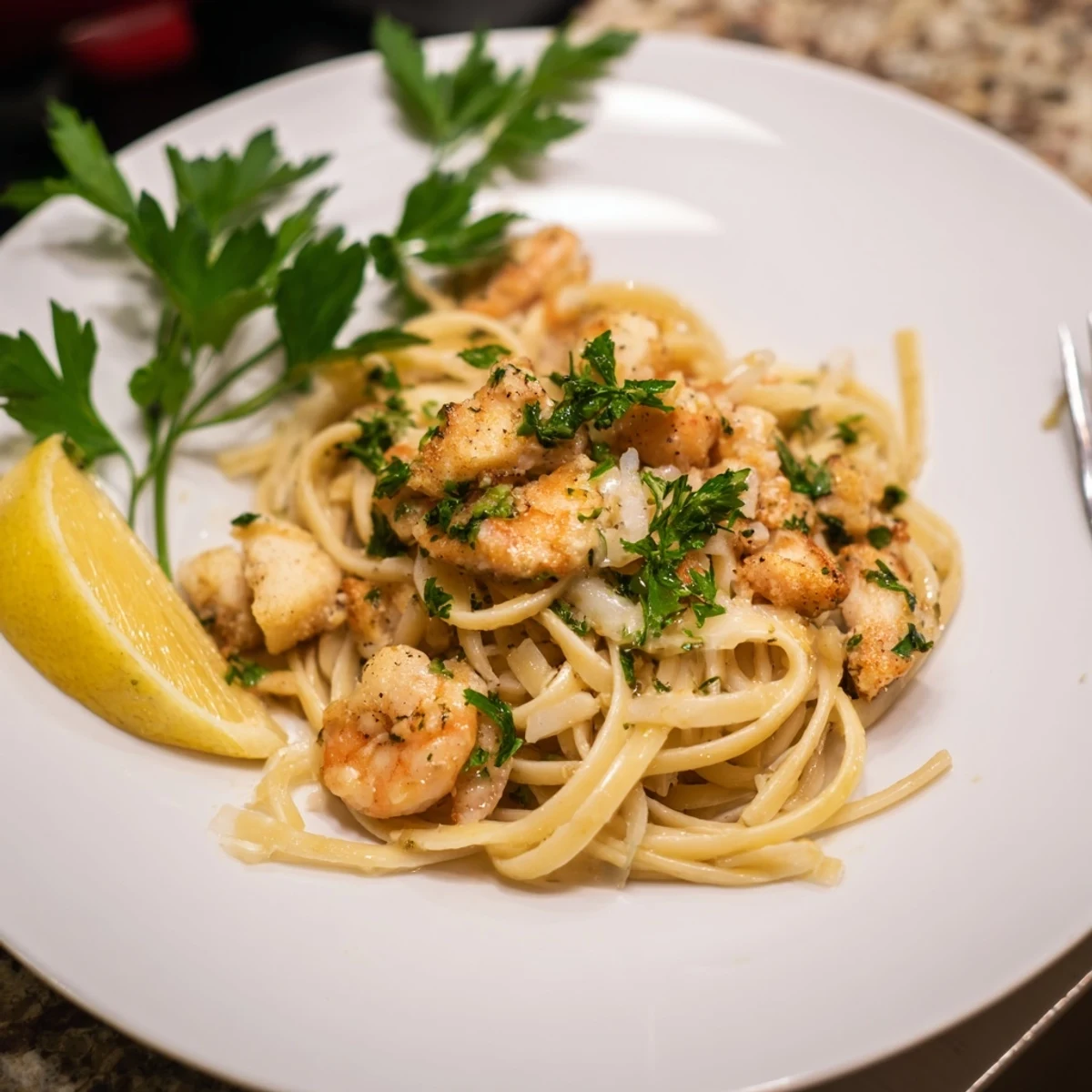 Golden-brown chicken and pink shrimp tossed in linguine, coated in a glossy lemon-garlic butter sauce with fresh parsley.