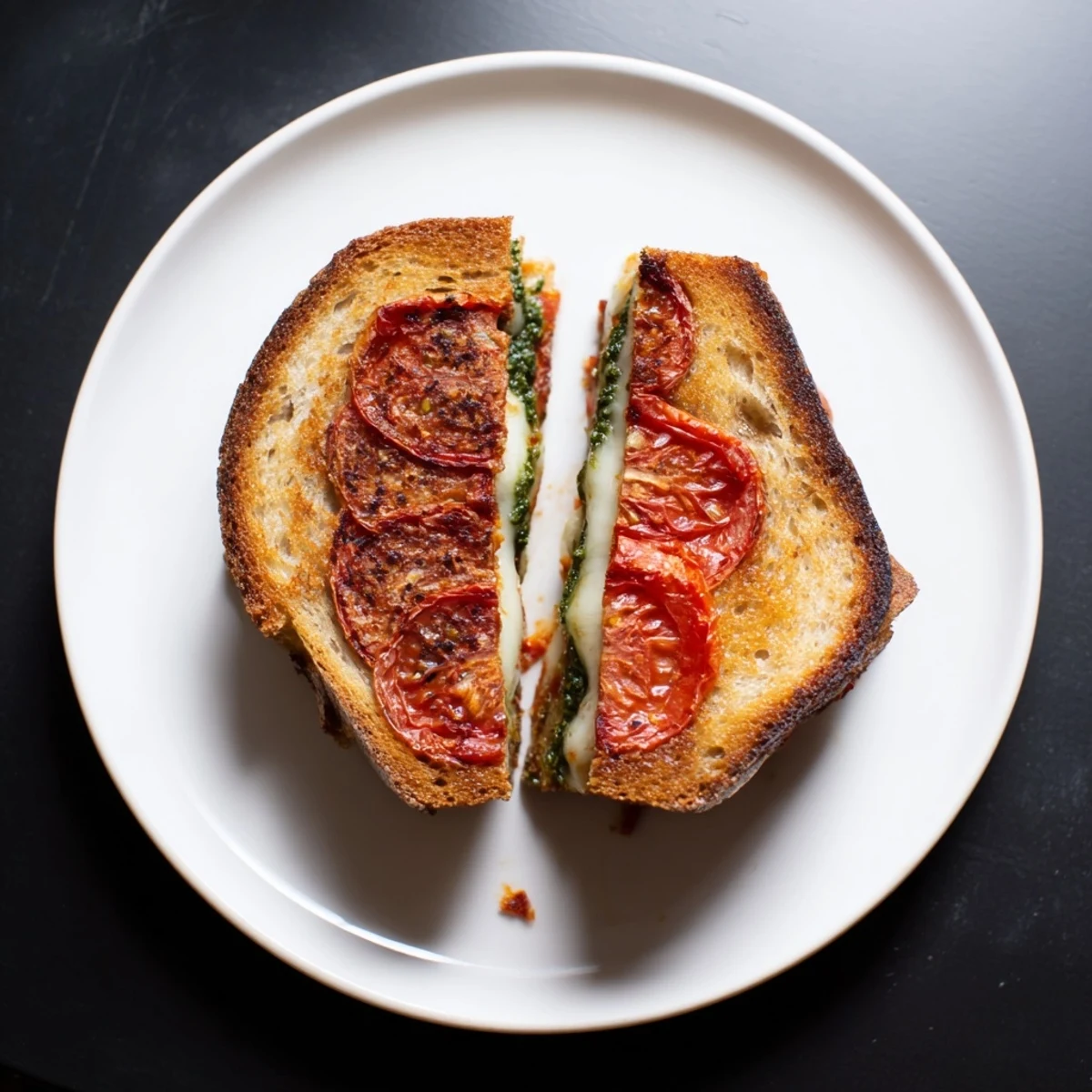 A close-up of the Roasted Tomato Pesto Grilled Cheese shows caramelized tomatoes and vibrant green pesto.