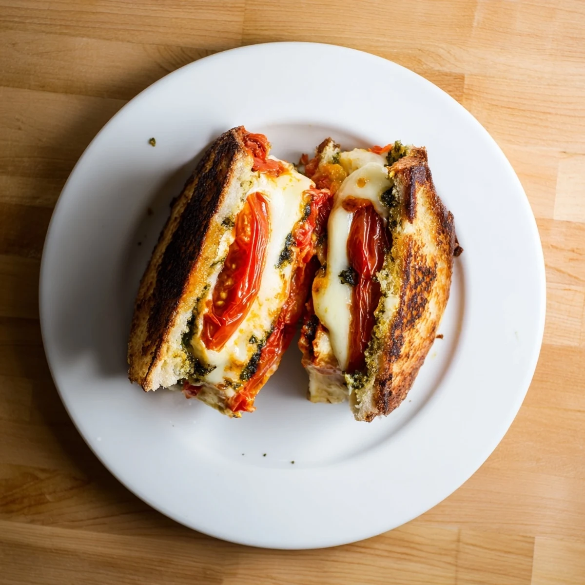 The golden-brown Roasted Tomato Pesto Grilled Cheese oozes melted mozzarella and cheddar on rustic sourdough.