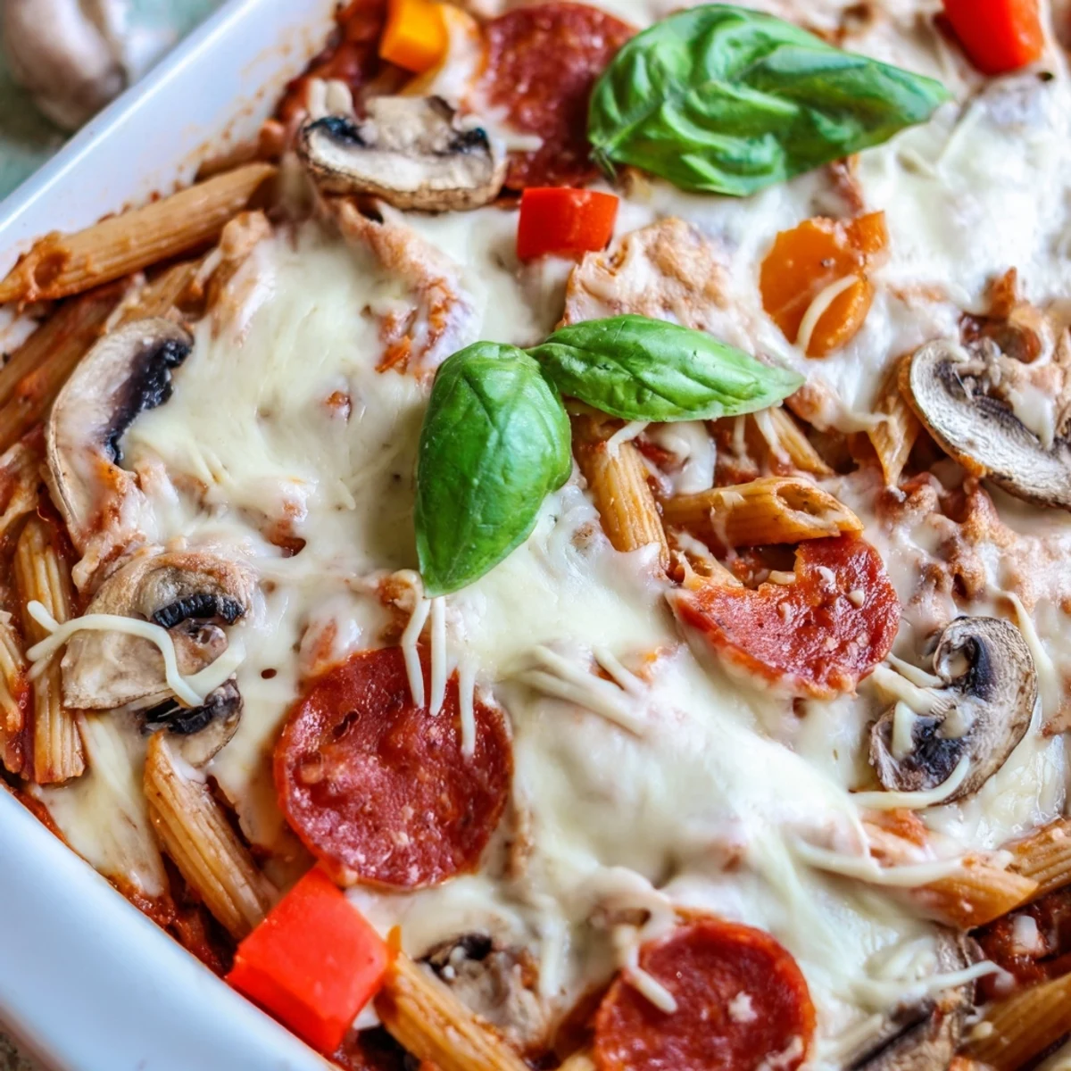 Golden melted mozzarella and Parmesan cover a hearty High Protein Italian Beef and Pasta Bake, revealing turkey pepperoni and fresh basil on top.