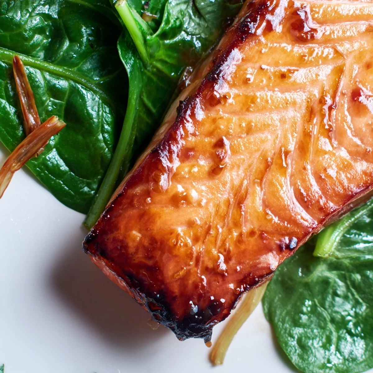 Miso Salmon on Sautéed Spinach, glistening with a golden glaze, served on vibrant green spinach with lemon wedges.
