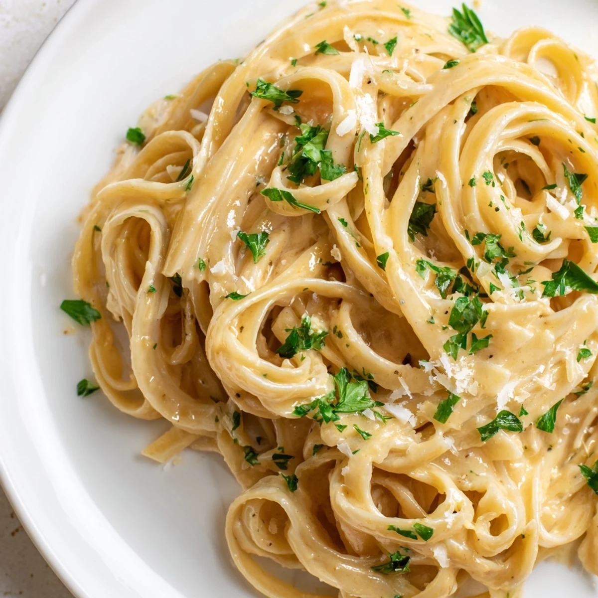 Steaming fettuccine coated in creamy Sriracha Honey Pasta, garnished with parsley and parmesan cheese.