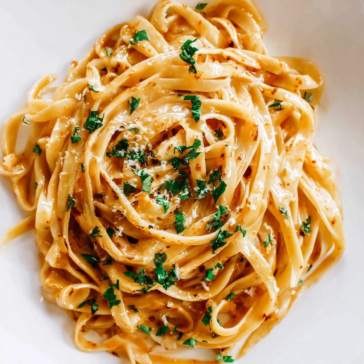 Close-up of glossy Sriracha Honey Pasta served in a white bowl, topped with grated parmesan and fresh parsley.