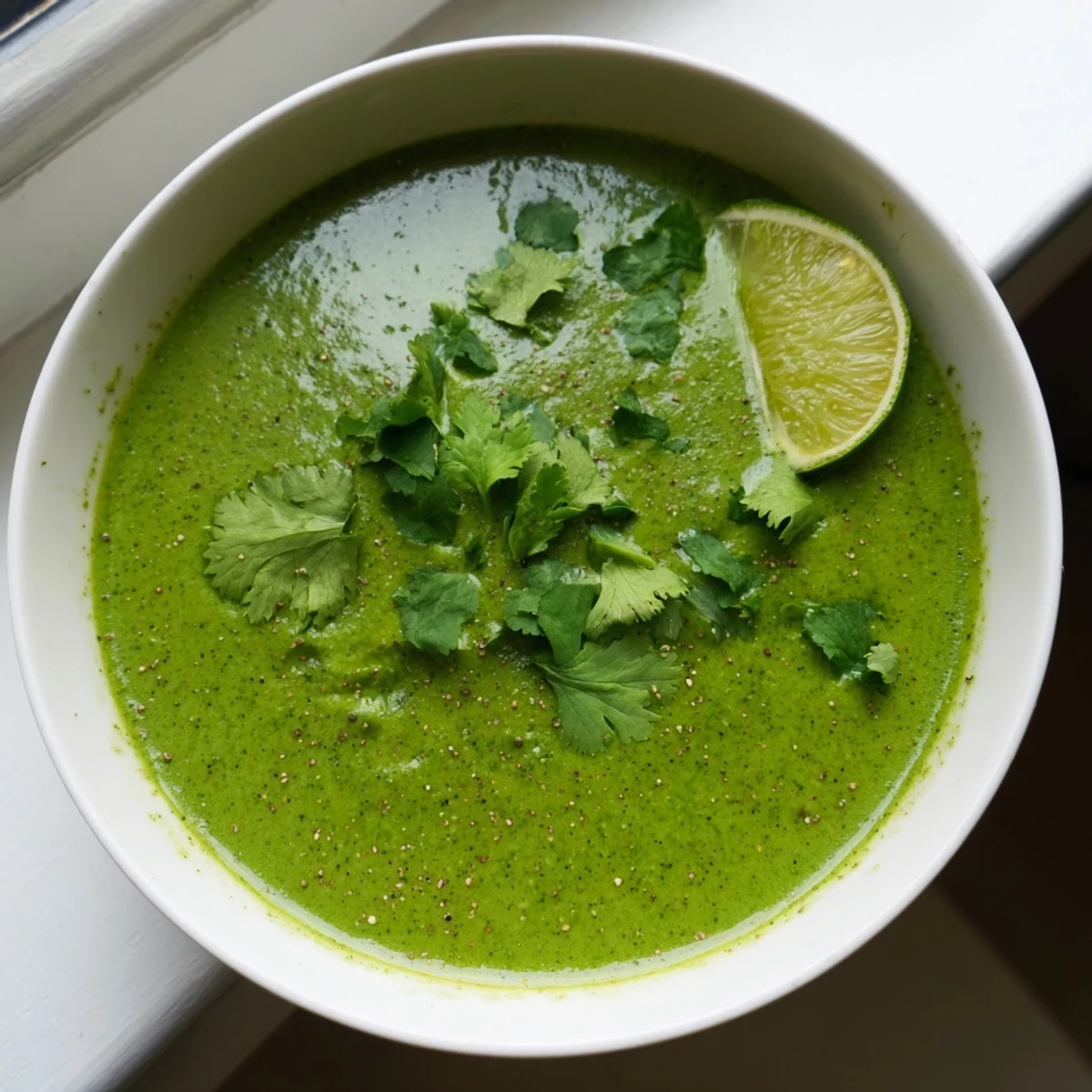 A bowl of creamy green Spinach Coriander Lemongrass Soup garnished with fresh herbs and lime wedges.