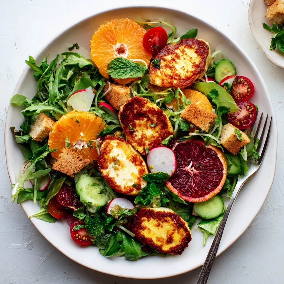 Golden-fried Halloumi Blood Orange Fattoush salad with fresh greens, radish, and crunchy sourdough croutons.