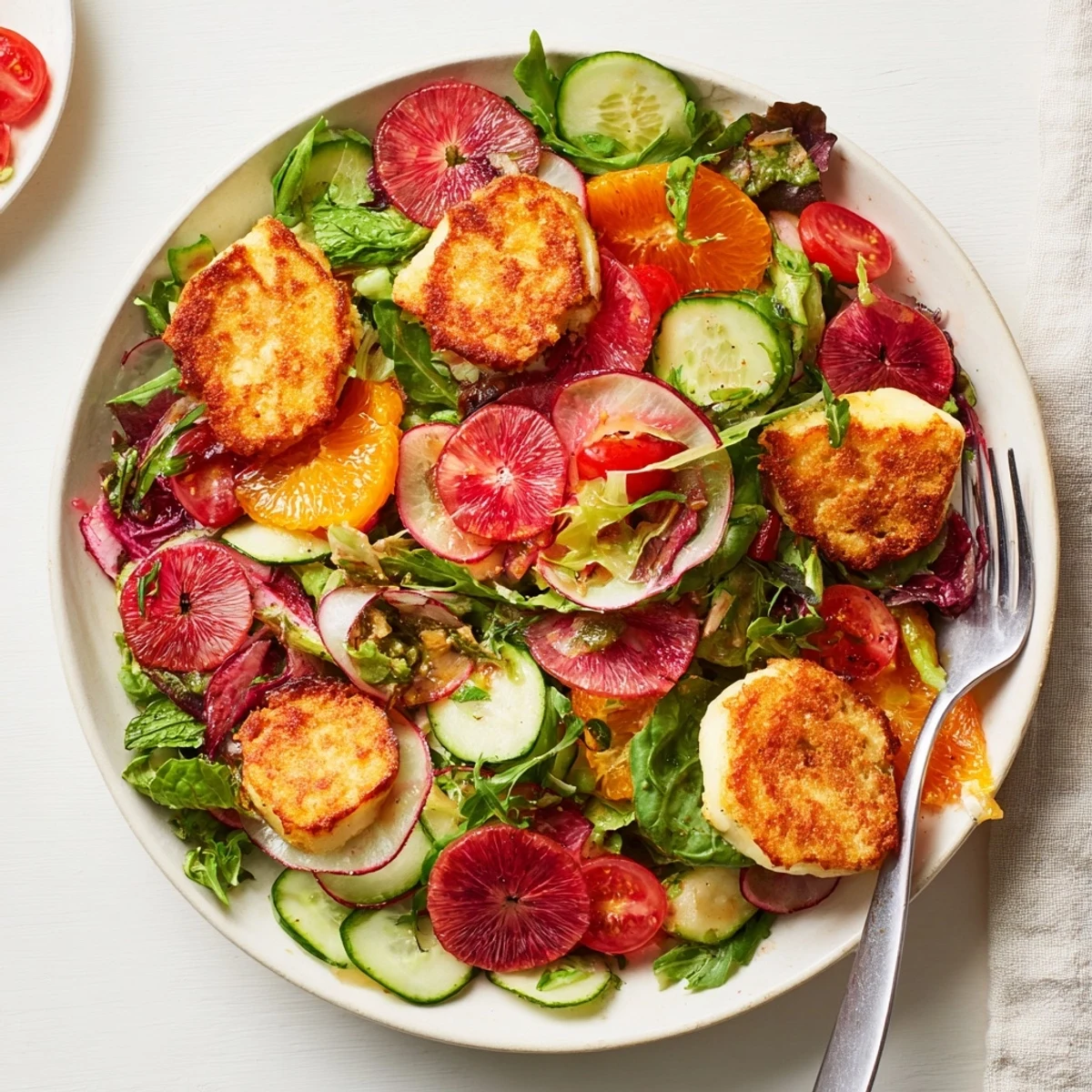 Fresh Halloumi Blood Orange Fattoush with blood orange slices, cucumber, and cherry tomatoes on greens.