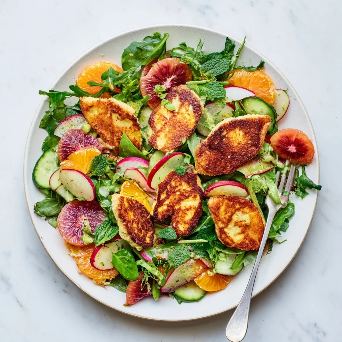 Warm Halloumi Blood Orange Fattoush topped with zesty sumac vinaigrette and pomegranate molasses drizzle.