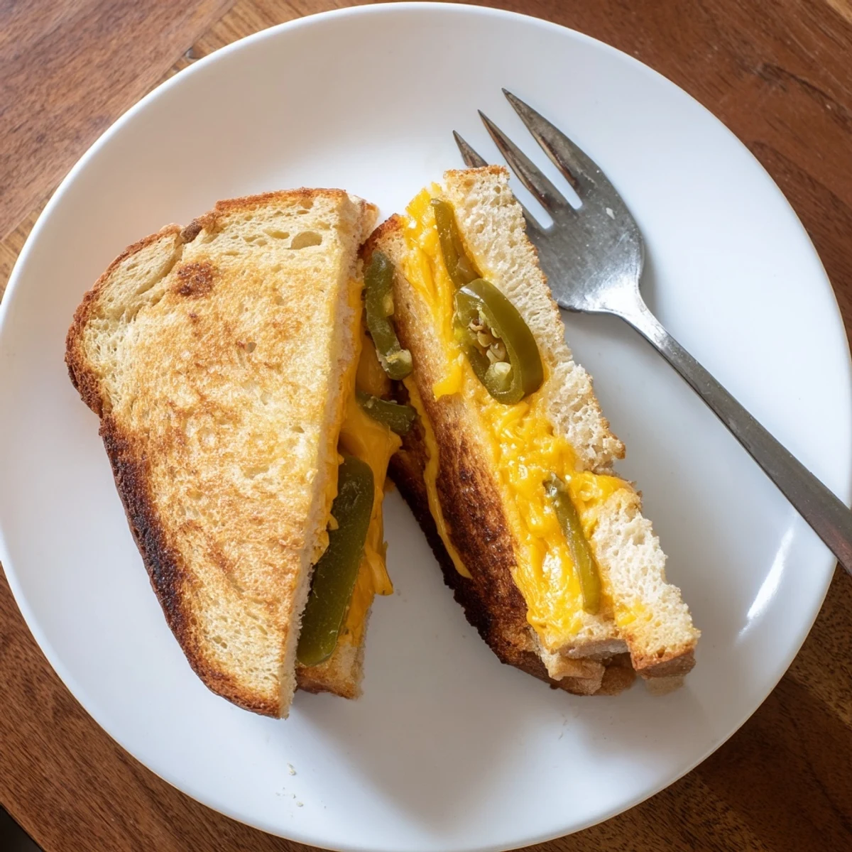 Two golden grilled cheese halves stacked, revealing a melted cheddar and pickled jalapeño filling, ideal for pairing with tomato soup.