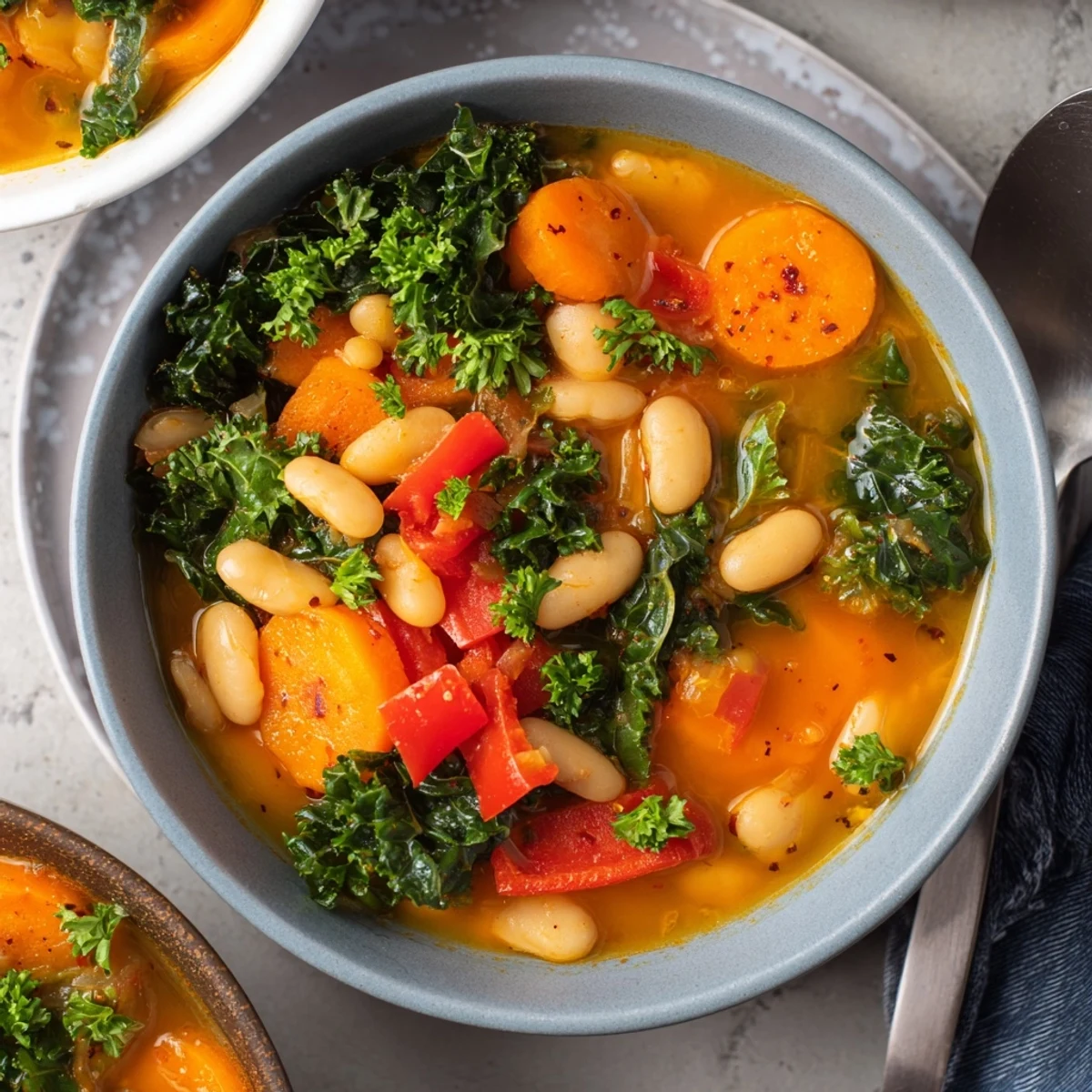 Freshly ladled from a pot, the warm Mediterranean White Bean Stew is served with lemon wedges, ready to be squeezed over the hearty, spiced broth.