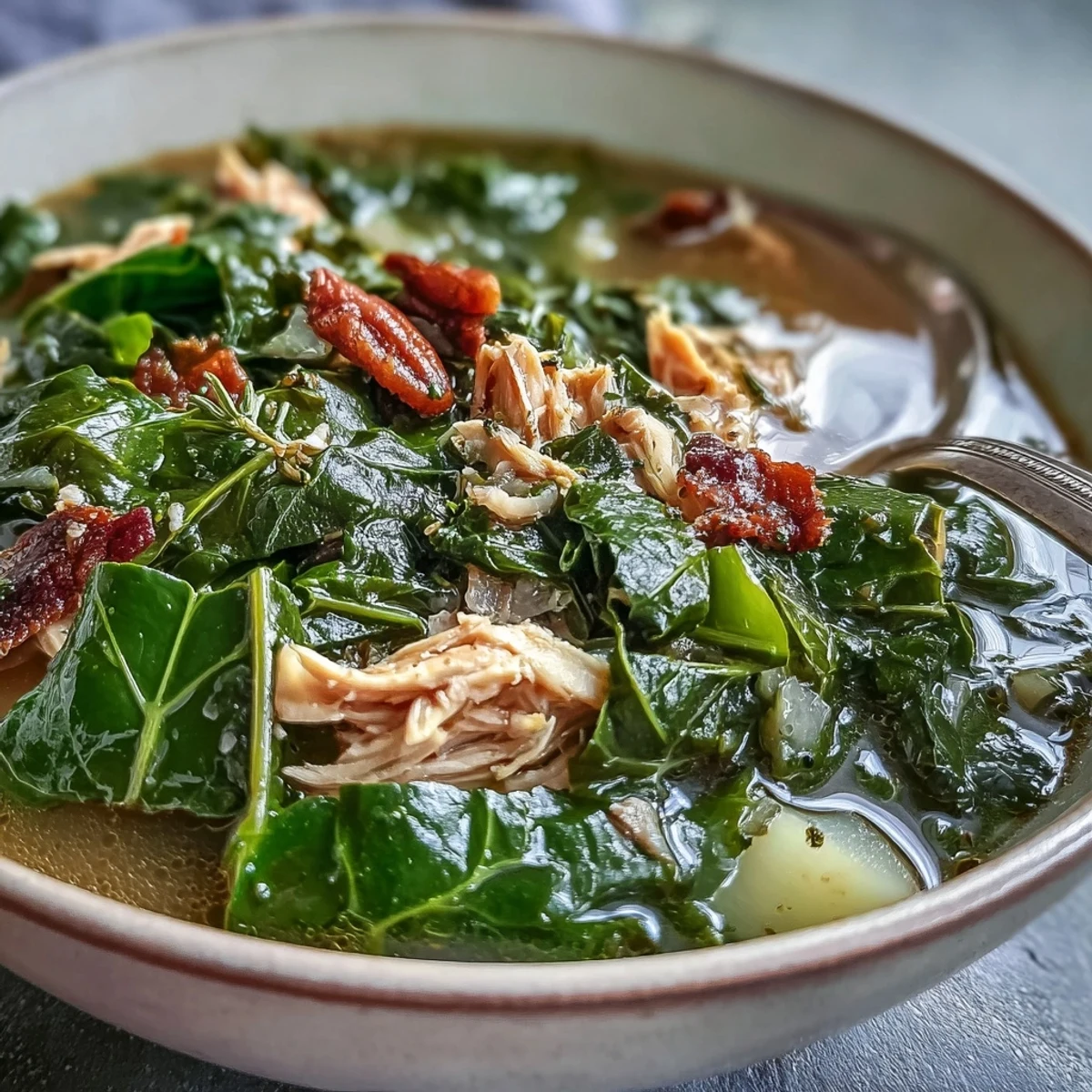 Warm bowl of chicken and vegetable collard greens soup, perfect for chilly evenings.
