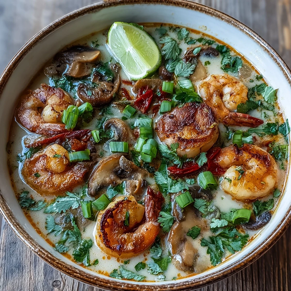 Thai Coconut Shrimp Soup served in a rustic bowl, garnished with fresh cilantro and lime wedges for a bright, tangy finish.