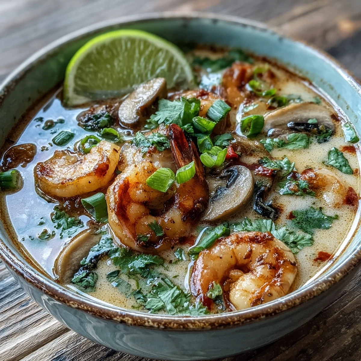 A close-up of Thai Coconut Shrimp Soup with plump shrimp and sliced mushrooms simmering in creamy coconut curry broth.