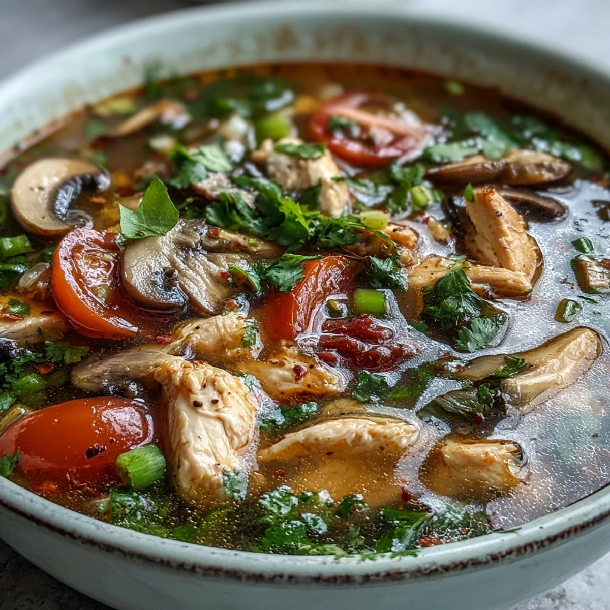 Clear broth Tom Yum Chicken with sliced vegetables, cilantro garnish, and vibrant Thai flavors.