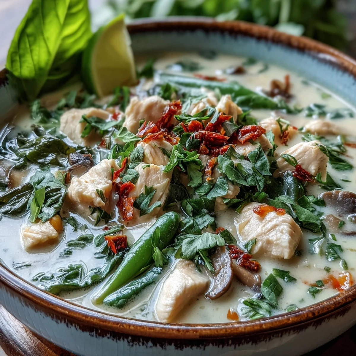 Aromatic Thai Chicken Coconut Curry Soup simmering in a pot, featuring red curry paste, coconut milk, and fresh veggies.