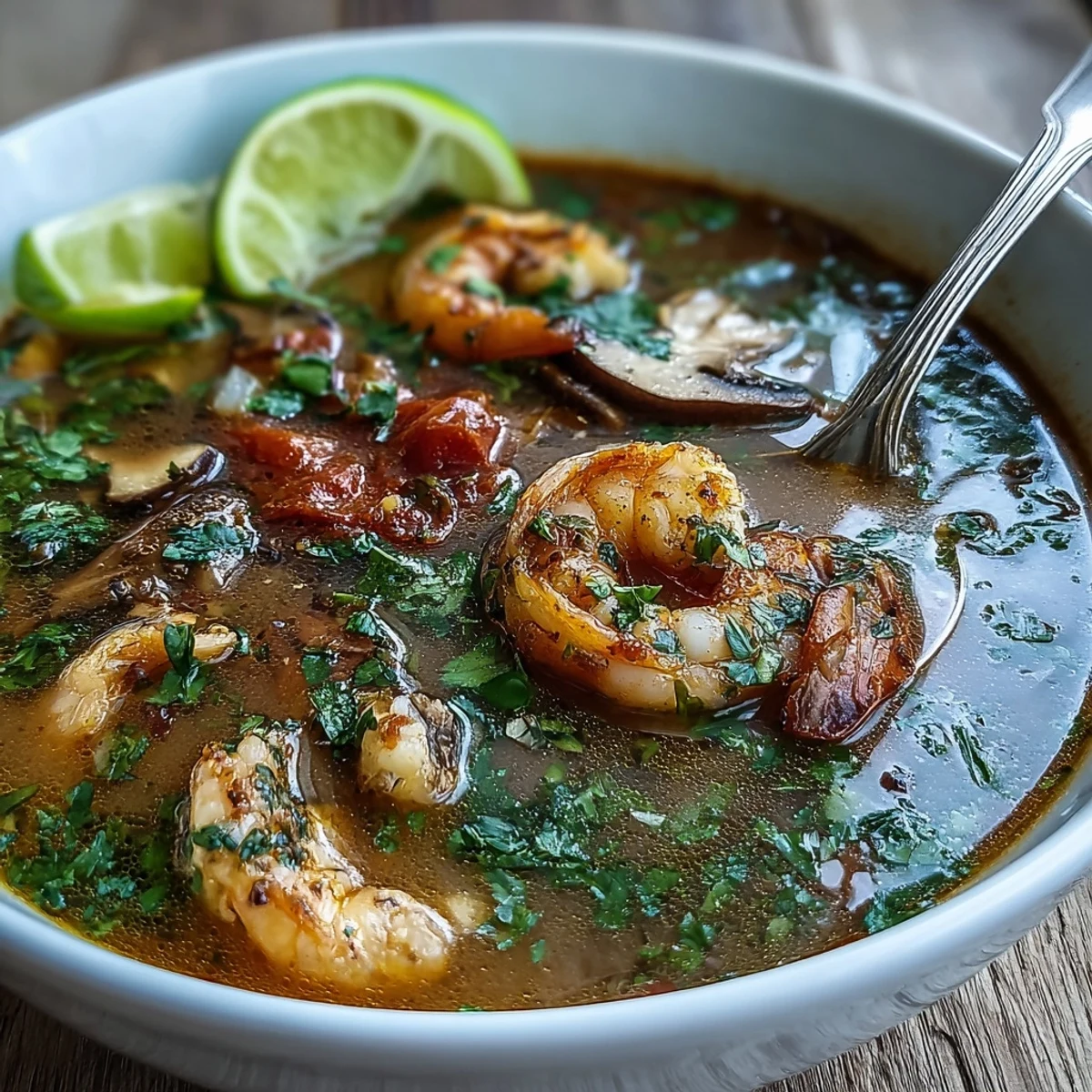 Steaming bowl of homemade Tom Yum Soup with shrimp, mushrooms, and fresh herbs.