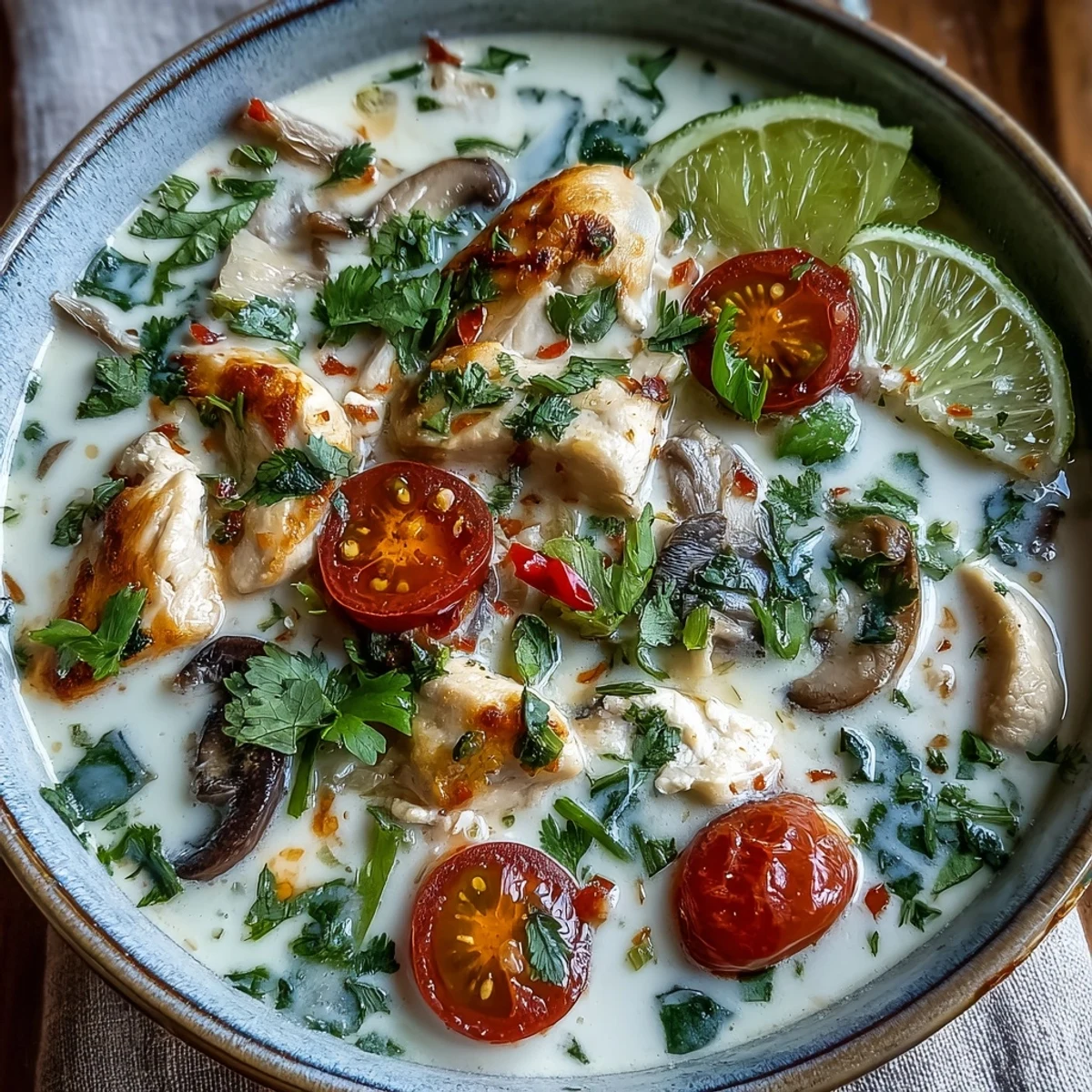 Steaming bowl of Best Ever Tom Kha Gai Soup featuring tender chicken, mushrooms, and fresh cilantro garnish.