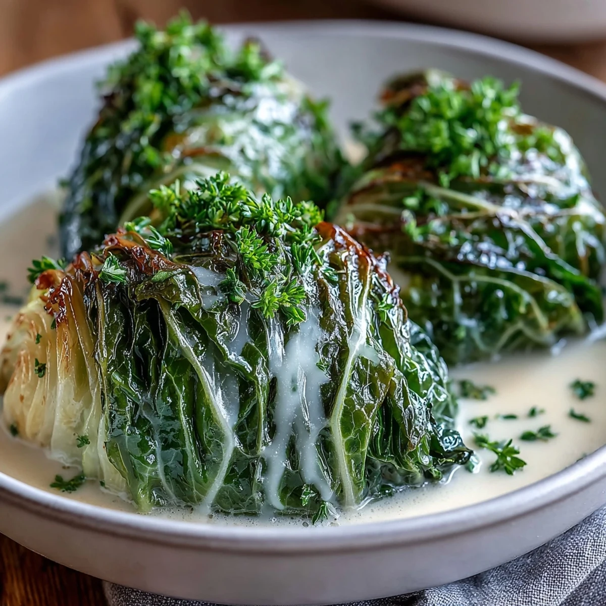 Tender green cabbage wedges simmered in a creamy parmesan broth with fresh thyme and parsley garnish.