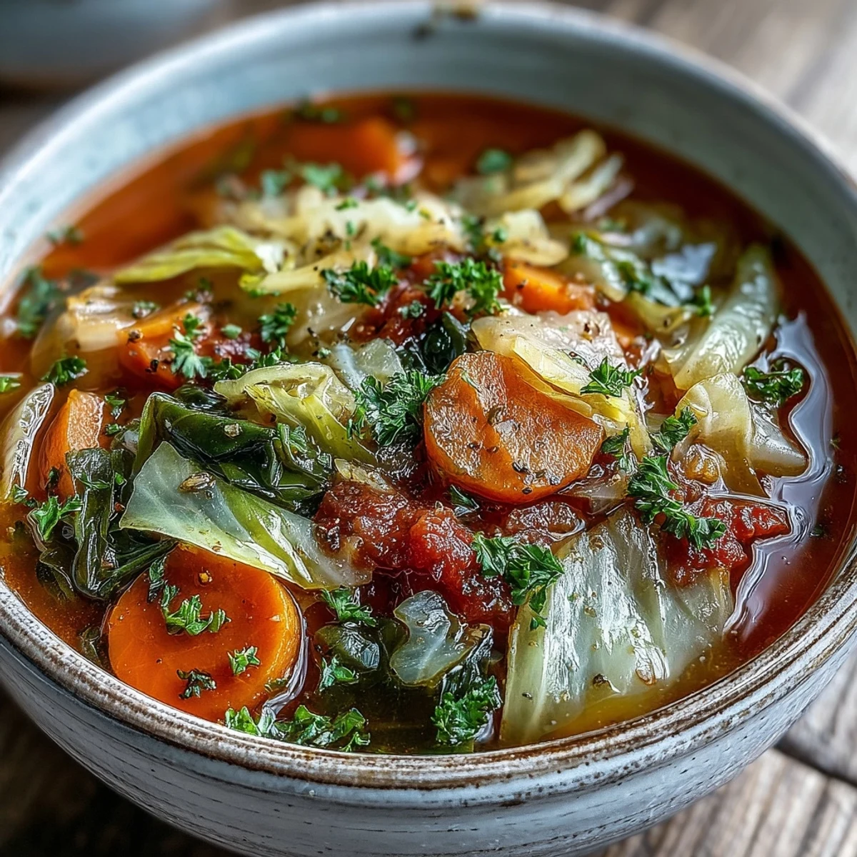 Bowl of Classic Cabbage Soup garnished with herbs, served alongside warm crusty bread for dipping.