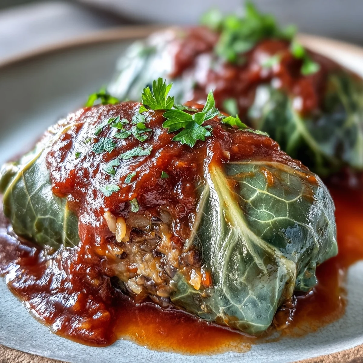 Savory lentil and brown rice stuffed cabbage rolls garnished with fresh parsley in tomato sauce.
