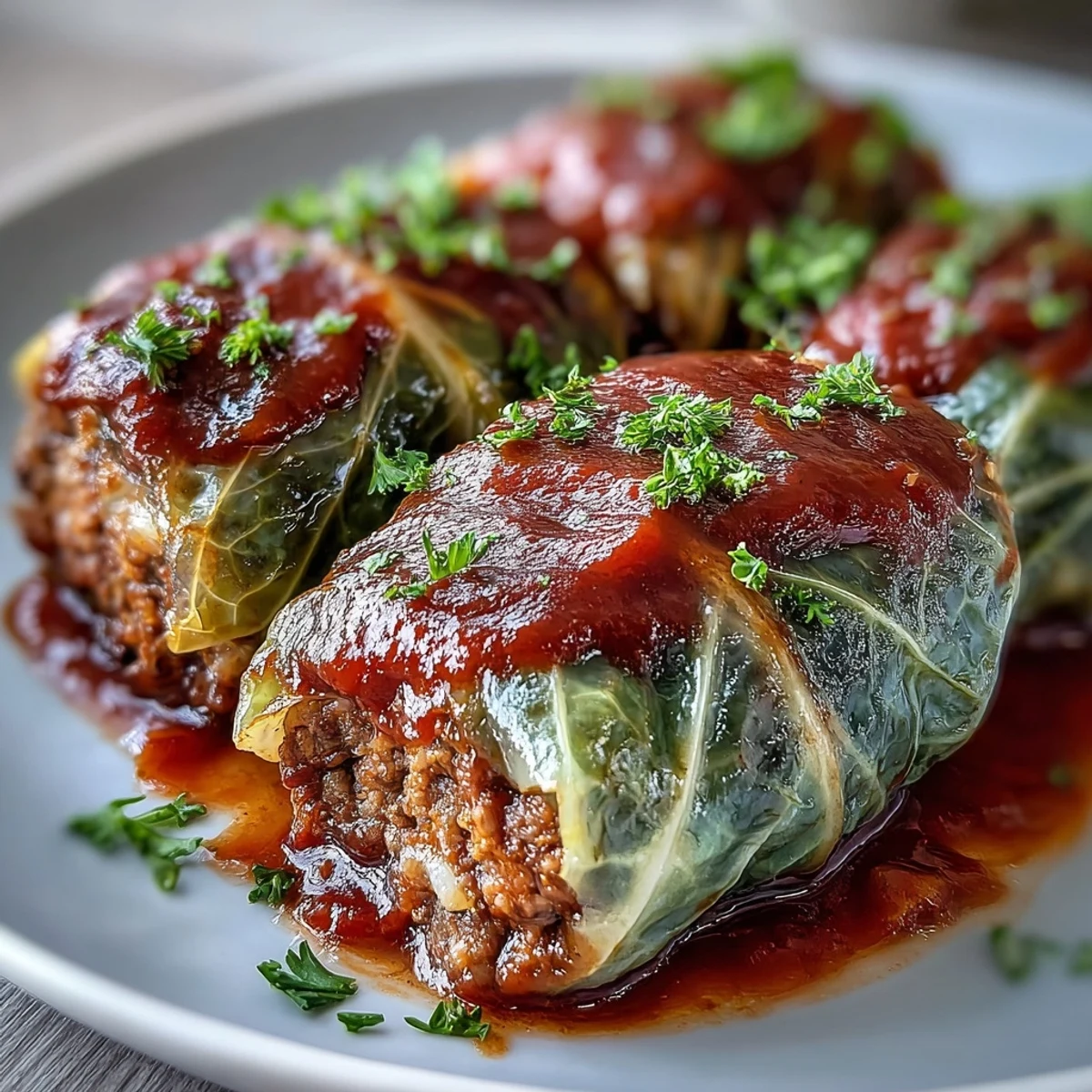 Savory Cabbage Rolls bake in a rich tomato sauce, filling the dish with hearty comfort for a family dinner.