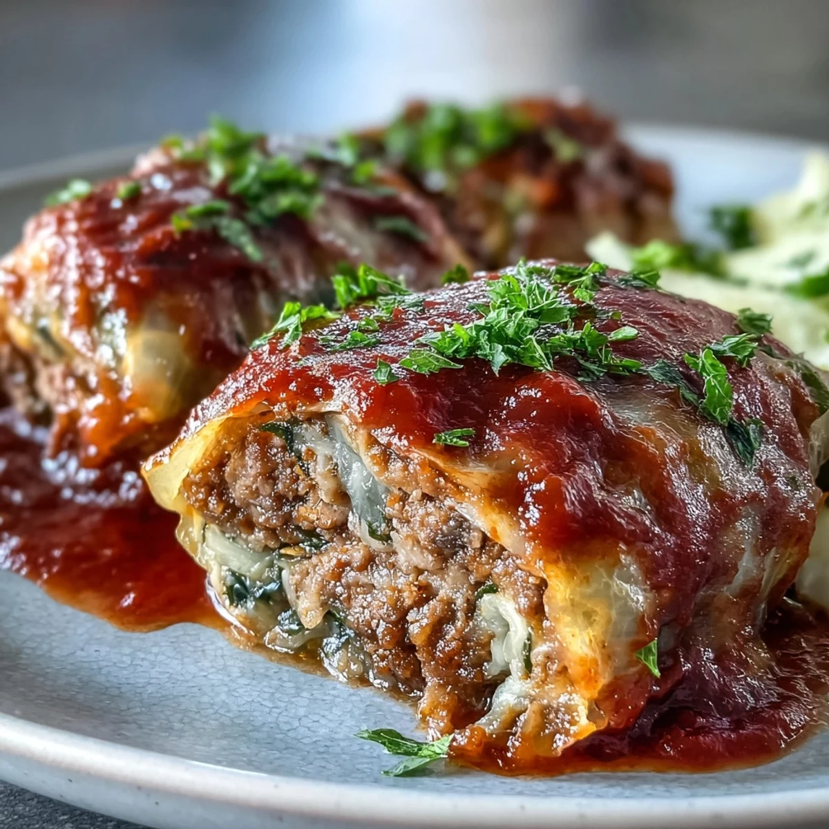 Tender Cabbage Rolls are served on a plate with a side of crusty bread for dipping.