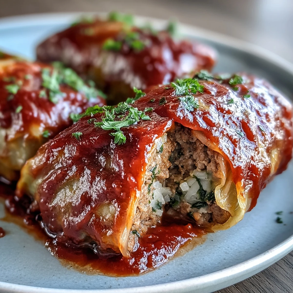 Golden Cabbage Rolls rest in a baking dish, garnished with fresh parsley for a pop of color.