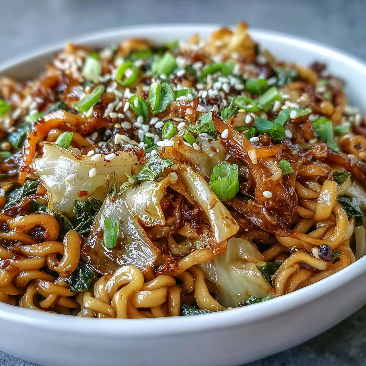 Serving of Fried Cabbage Ramen on a plate with chopsticks, garnished with sesame seeds, ideal for a quick vegetarian dinner.