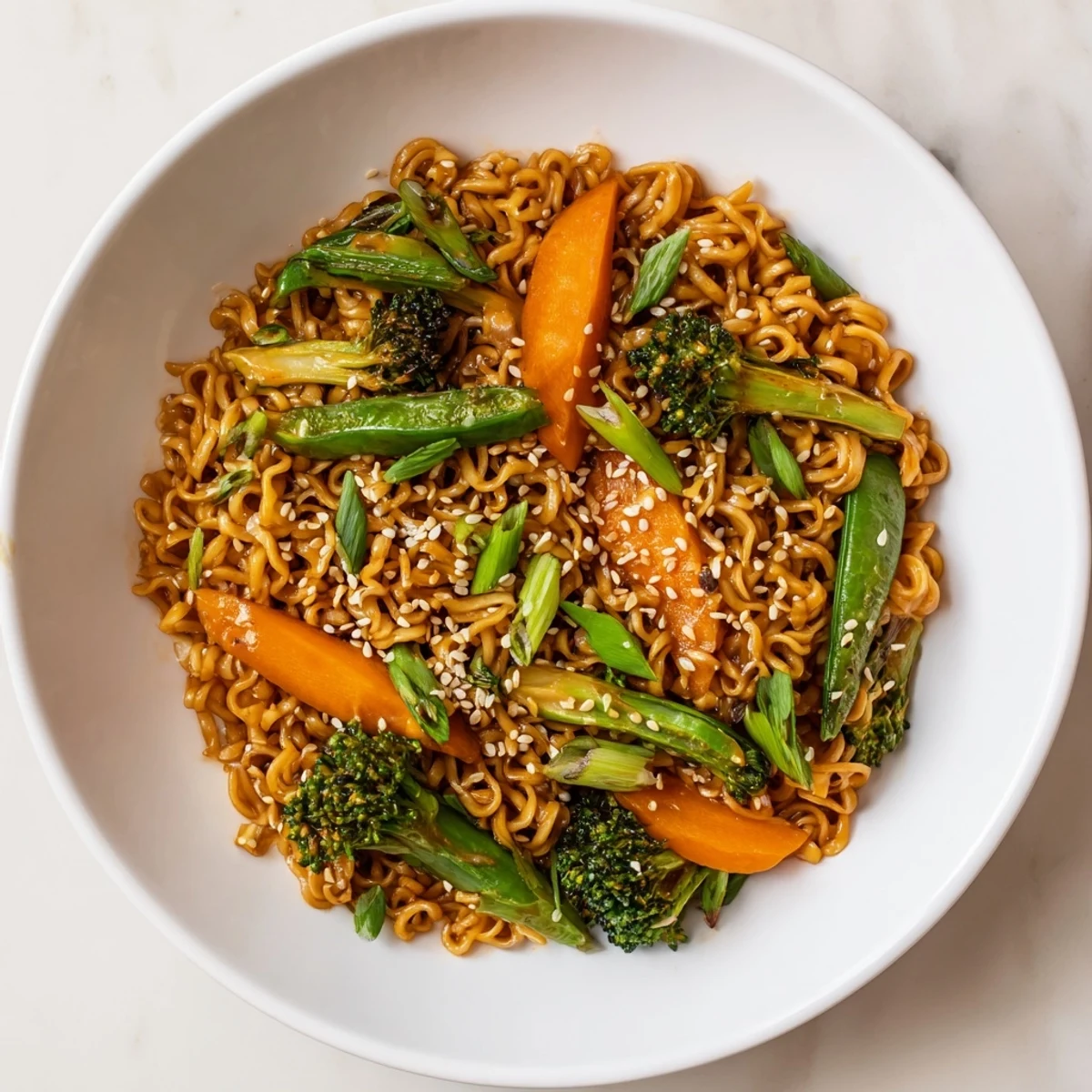 Steaming Ramen Noodle Stir-Fry Remix, colorful and brimming with vegetables, sesame seeds garnish.