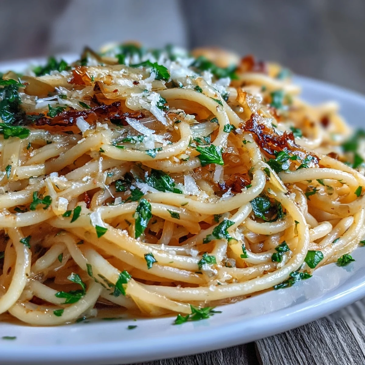 Close-up of Cabbage Pasta With Garlic and Parmesan showing silky cheese-coated noodles and tender golden cabbage ribbons.