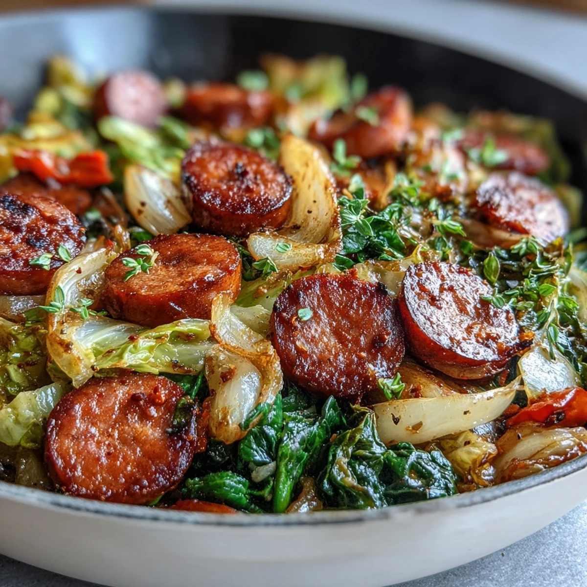 Smothered Cabbage With Sausage Skillet featuring smoky kielbasa, tender cabbage, and onions in a savory pan sauce.