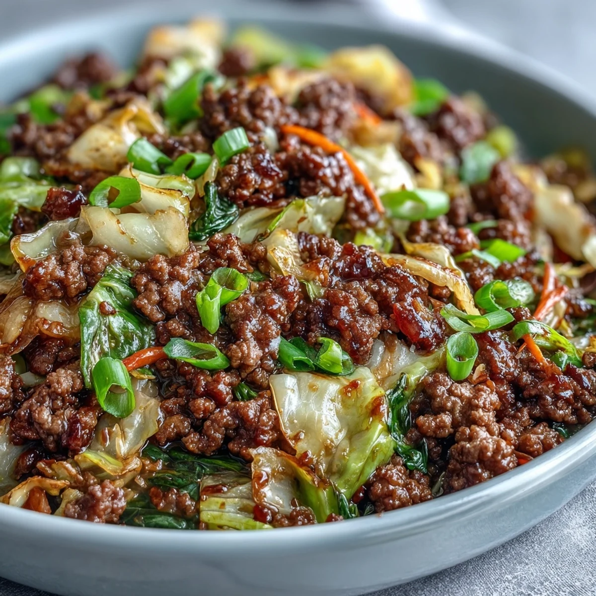 Chinese Ground Beef and Cabbage Stir-Fry featuring sizzling browned beef, crisp green cabbage, and green onions tossed in a glossy savory sauce. 