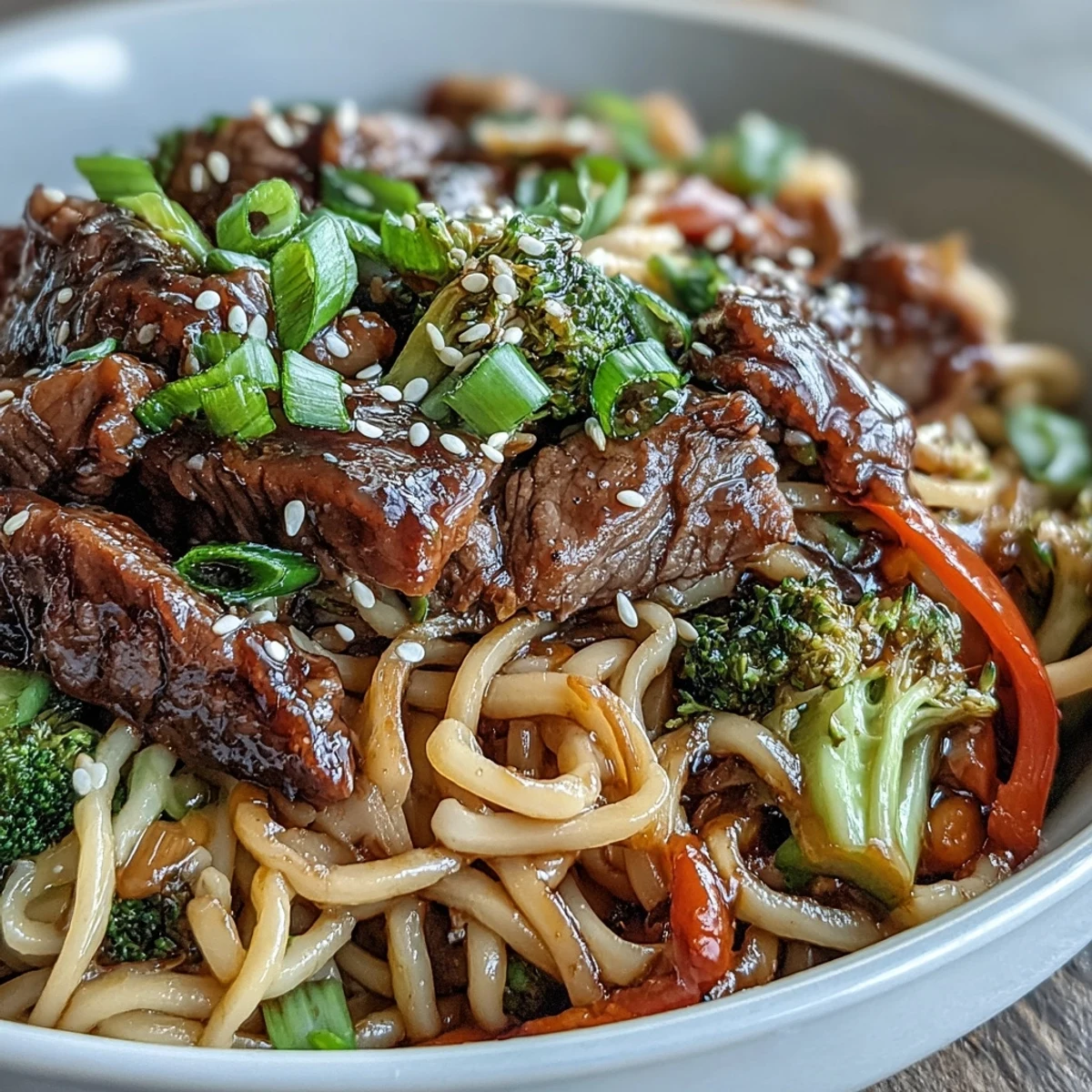 A close-up of Korean Beef Noodles with silky rice noodles and tender flank steak in a glossy soy-brown sugar sauce.