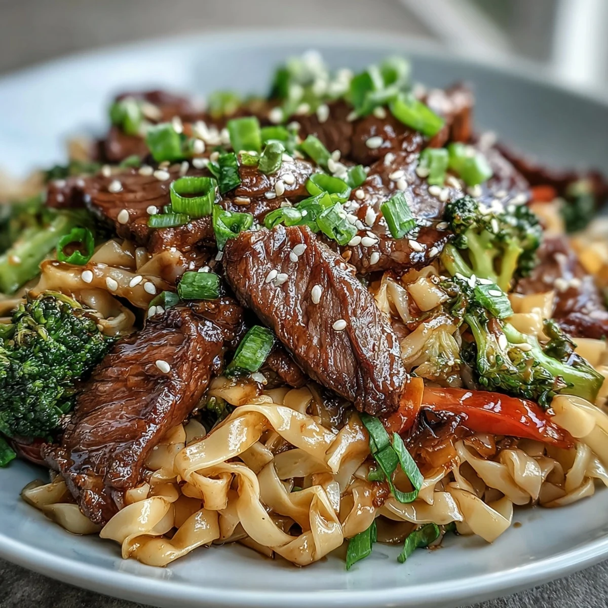 Close-up of Korean Beef Noodles with bell peppers and broccoli in a savory garlic-ginger sauce, served in a white bowl.
