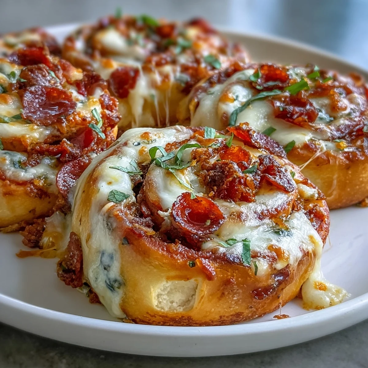 Golden-baked Tortilla Pizza Rolls with melted mozzarella and pepperoni on a rustic wooden board.