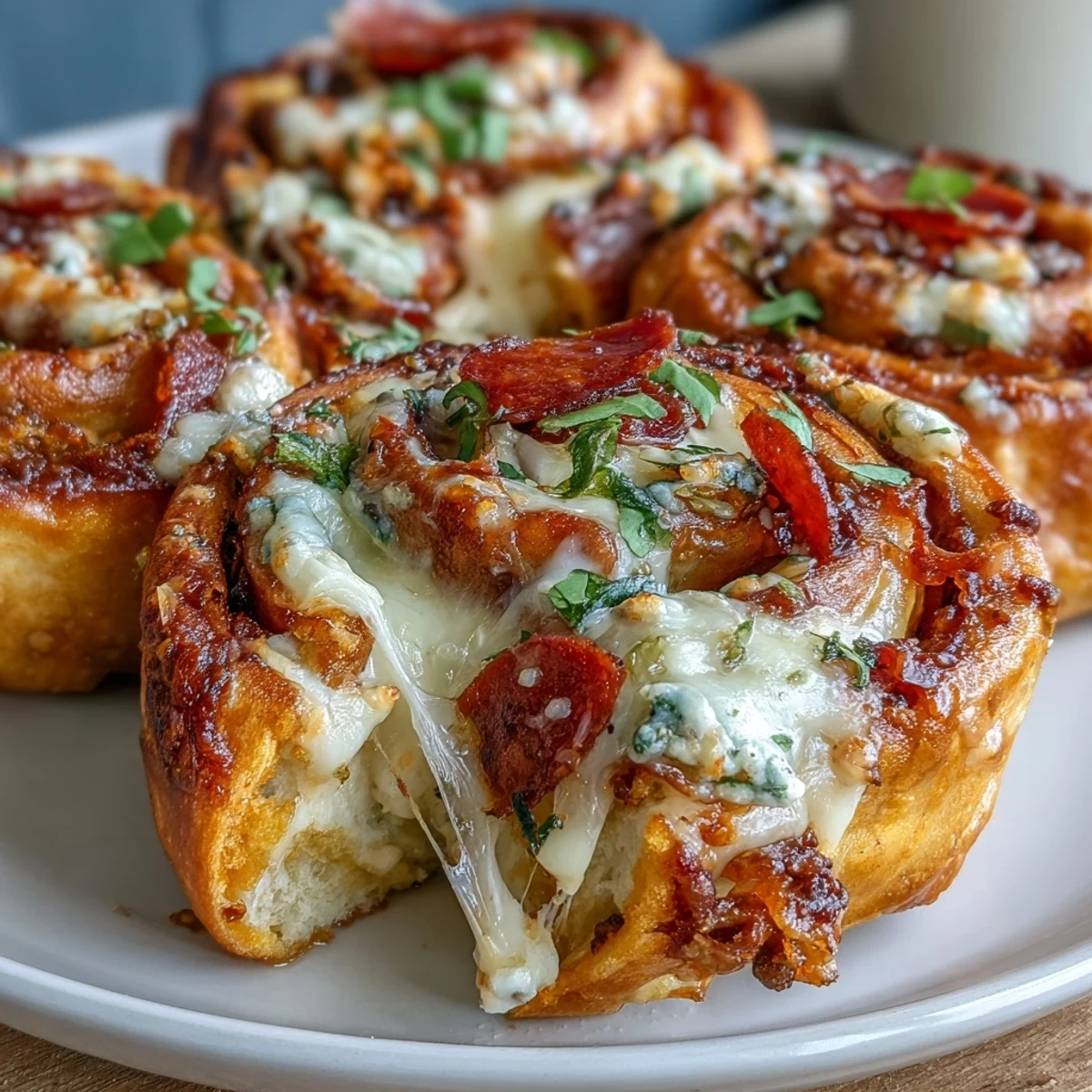 Six golden-baked Tortilla Pizza Rolls arranged on a platter with a dipping bowl of marinara.