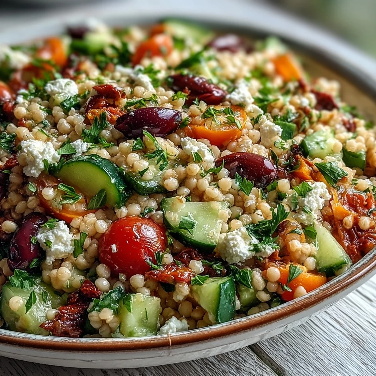 A serving of Mediterranean Pearl Couscous in a ceramic dish, garnished with parsley and ready for lunch, with a fork nearby.