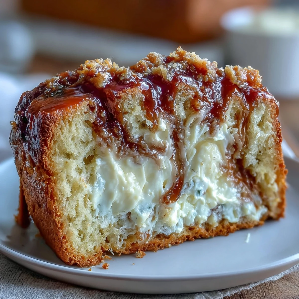 A slice of moist Caramel Cream Cheese Bread on a plate with visible caramel ribbon and creamy center.