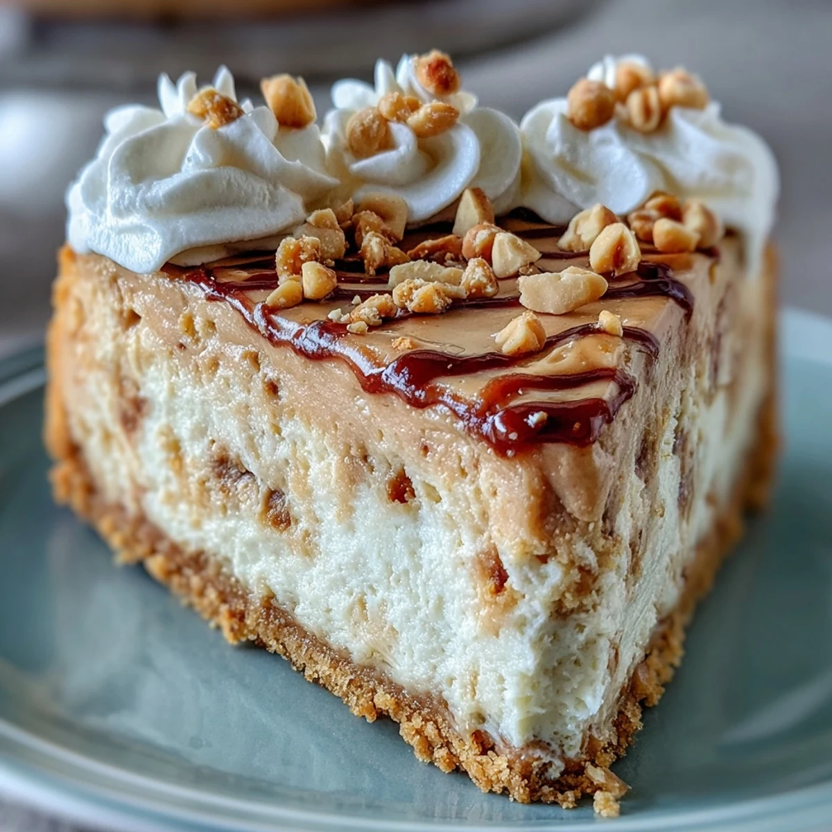 A whole Nutter Butter Cheesecake with a peanut butter swirl, creamy whipped topping, and chopped peanut garnish on a plate.