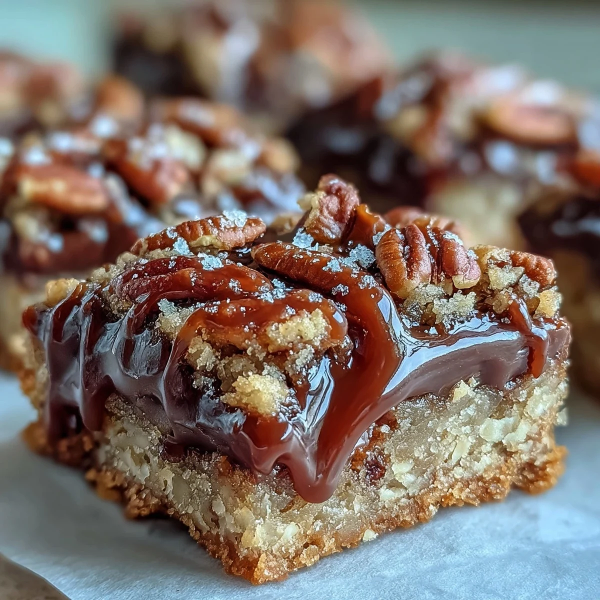 Decadent Sweet and Chewy Turtle Bars with Chocolate and Caramel feature golden crumb topping and rich caramel pooling over toasted pecans.
