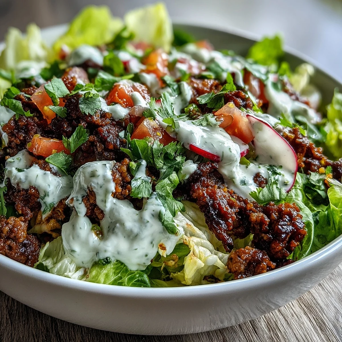 A vibrant Healthy Taco Bowl with seasoned ground beef, crisp lettuce, fresh tomatoes, and radishes, drizzled with creamy lime yogurt crema.