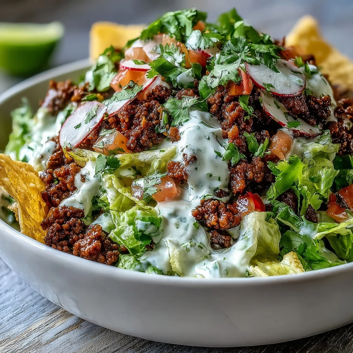 Serving a colorful Healthy Taco Bowl topped with avocado, cilantro, shredded cheddar, and a generous swirl of zesty lime crema.